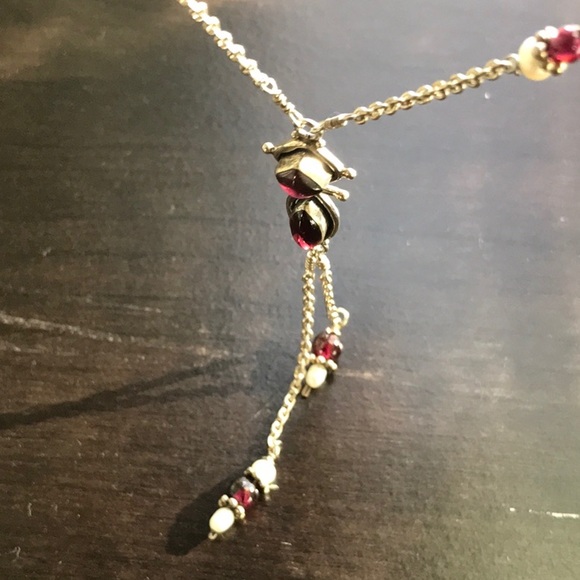 Garnet, pearl and silver y necklace - Picture 4 of 8